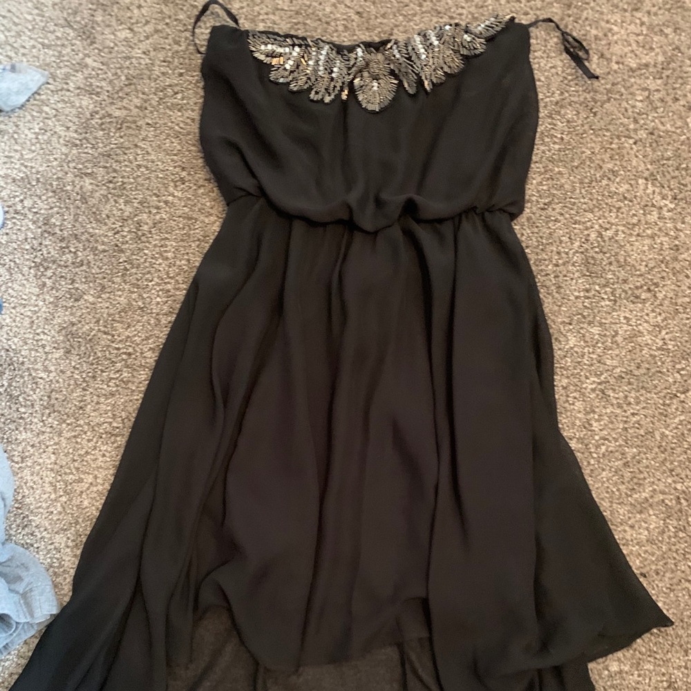 Black high low strapless chiffon dress